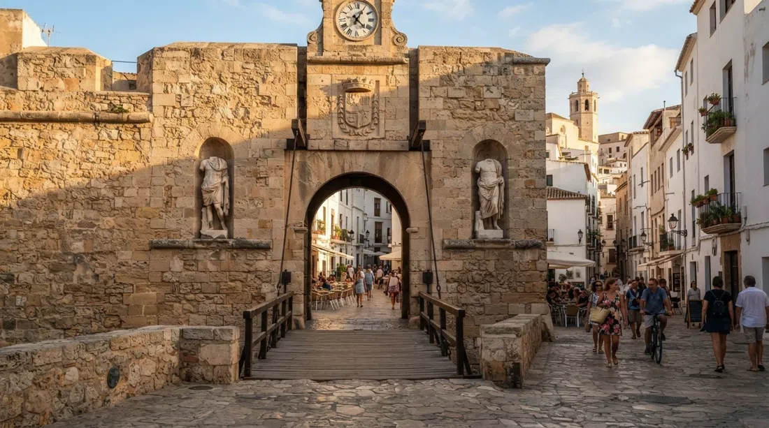 El puente levadizo del Portal de ses Taules en Dalt Vila, flanqueado por dos estatuas romanas sin cabeza y abriéndose a la Plaça de Vila con luz de atardecer