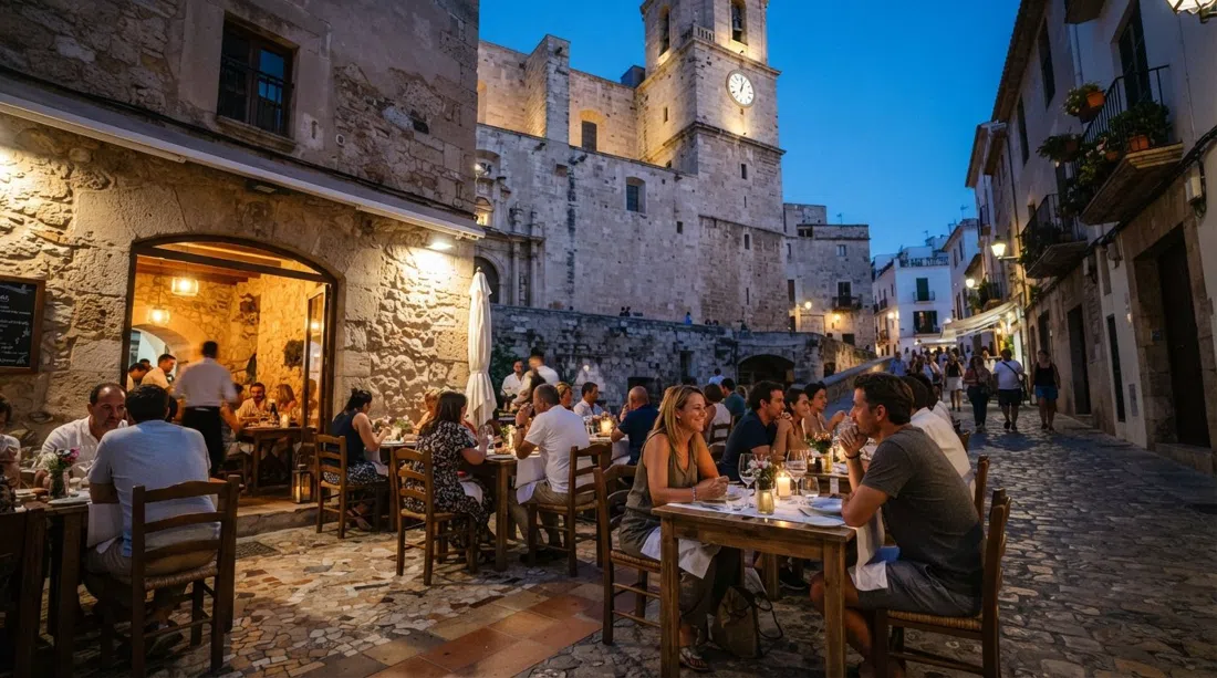 La Oliva en Carrer de la Santa Creu, su comedor de suelo azulejado y terraza bajo la catedral preparado para cenar al anochecer