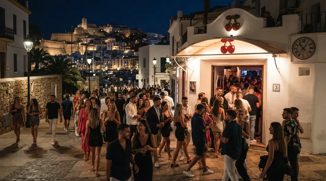 Pacha Ibiza cerca del puerto de noche, la entrada brillando bajo las farolas con multitudes nocturnas llegando para una sesión tardía