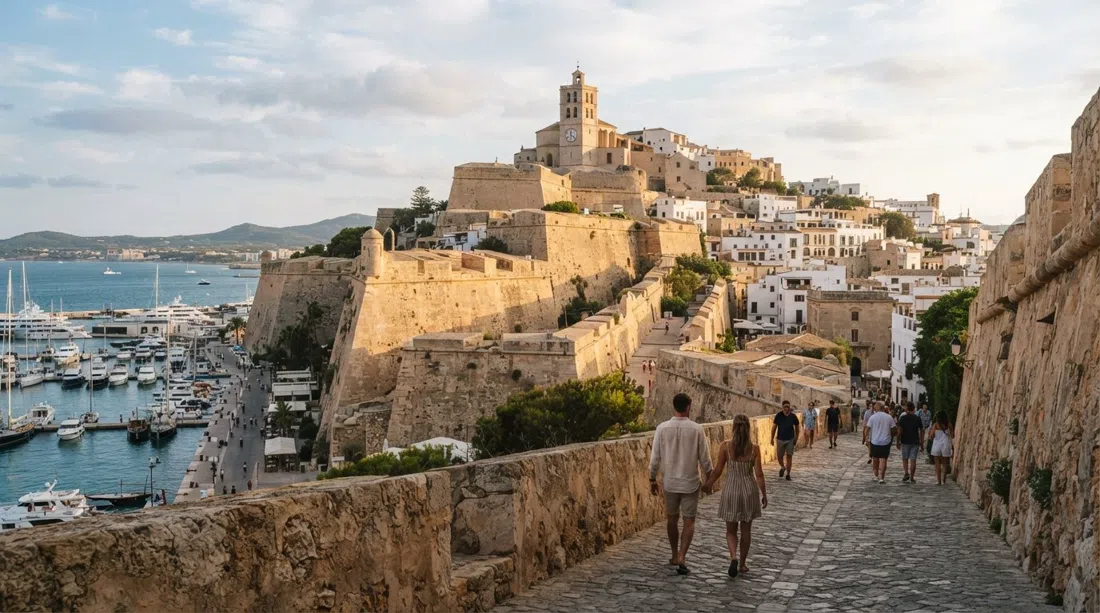 Las murallas de Dalt Vila subiendo hacia la Catedral de Santa María al atardecer, la piedra cálida brillando sobre el puerto y el puerto deportivo