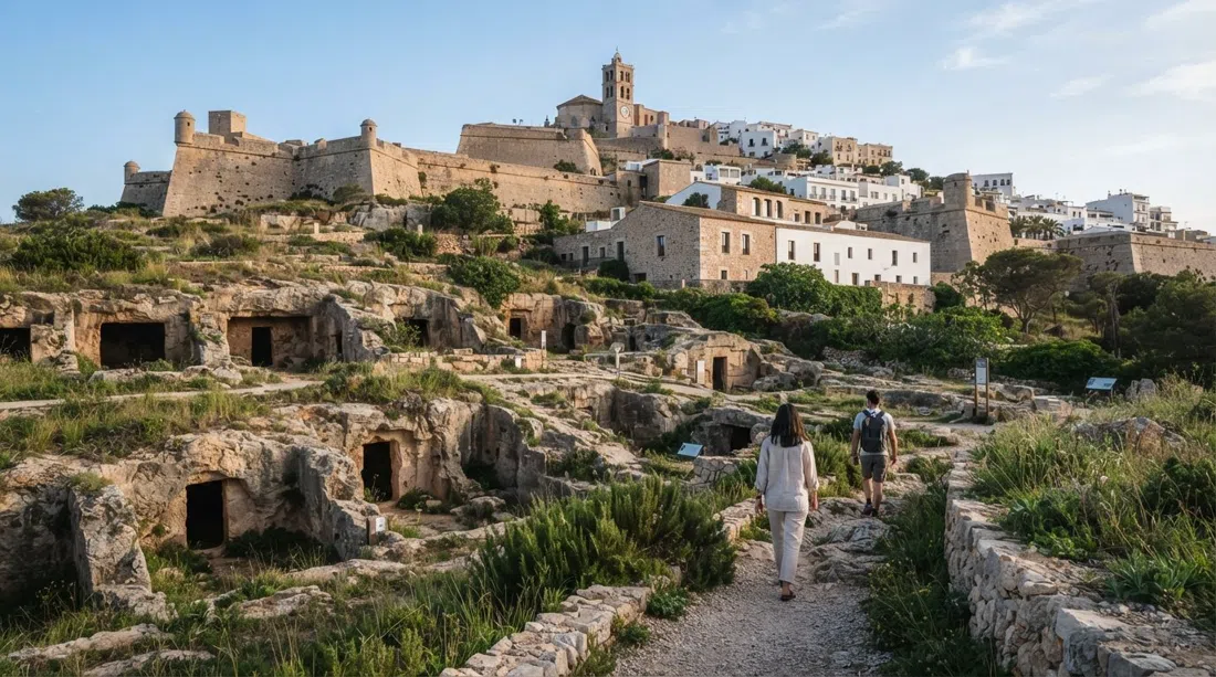 La Necrópolis y Museo de Puig des Molins bajo Dalt Vila, con entradas a tumbas fenicio-púnicas y el museo en la ladera con luz suave matutina