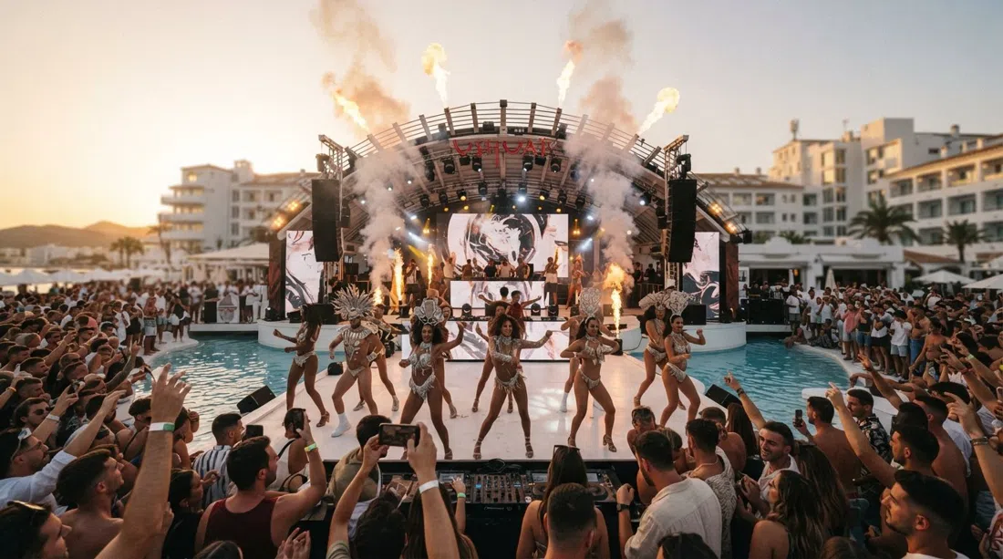 Escenario-piscina al aire libre de Ushuaïa Ibiza a la hora dorada, bailarines y pirotecnia enmarcados contra las torres del hotel en Playa d'en Bossa