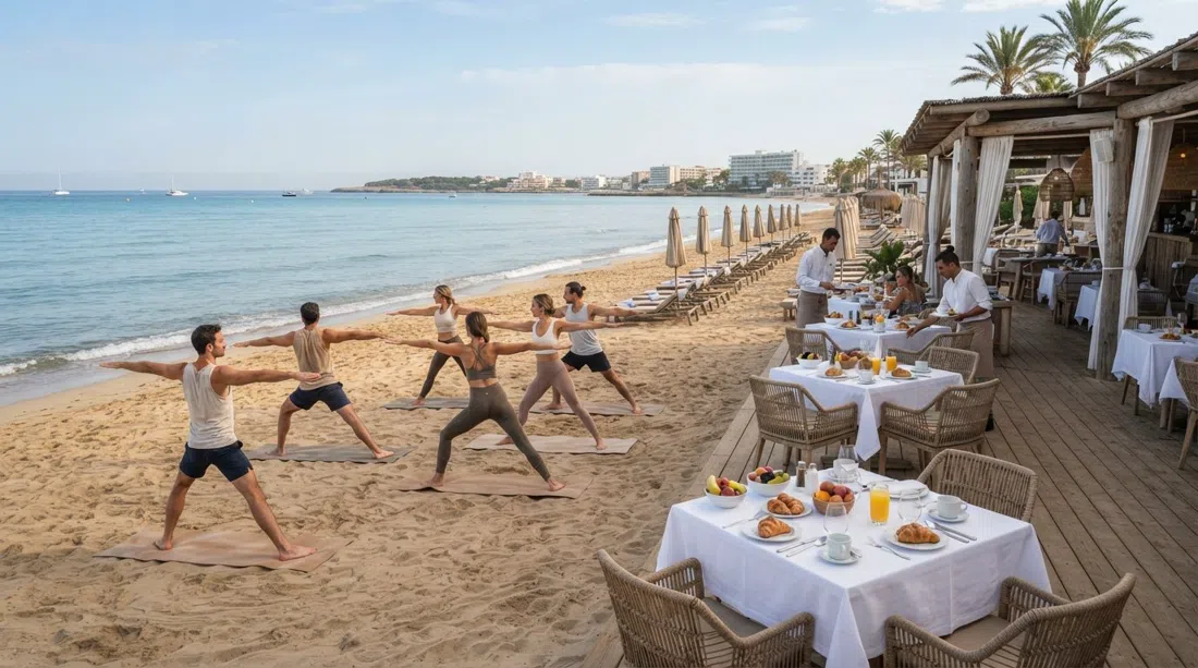 Beachouse en Playa d'en Bossa con esterillas de yoga en la arena a las 09:30, mesas de desayuno colocadas detrás de las tumbonas con luz suave matutina