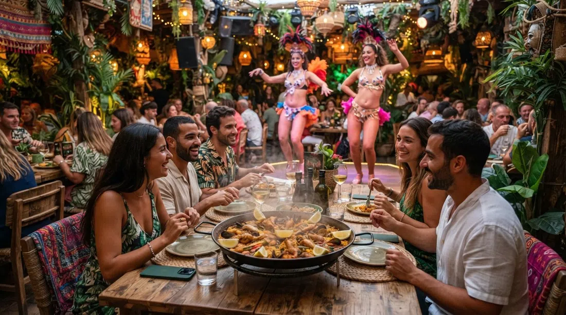 Comedor de temática selvática de Zazú Ibiza con luces de cabaré, una gran paella valenciana sobre la mesa y artistas al fondo