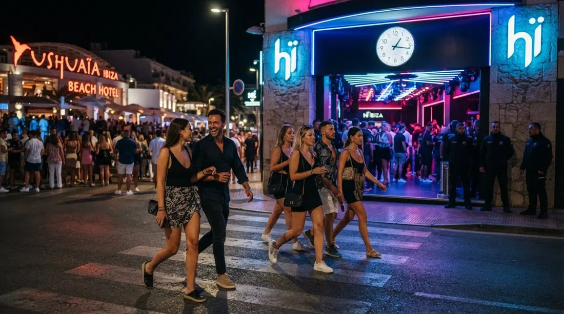 La entrada de Hï Ibiza después de medianoche, fiesteros cruzando desde Ushuaïa por la carretera bajo neones y farolas