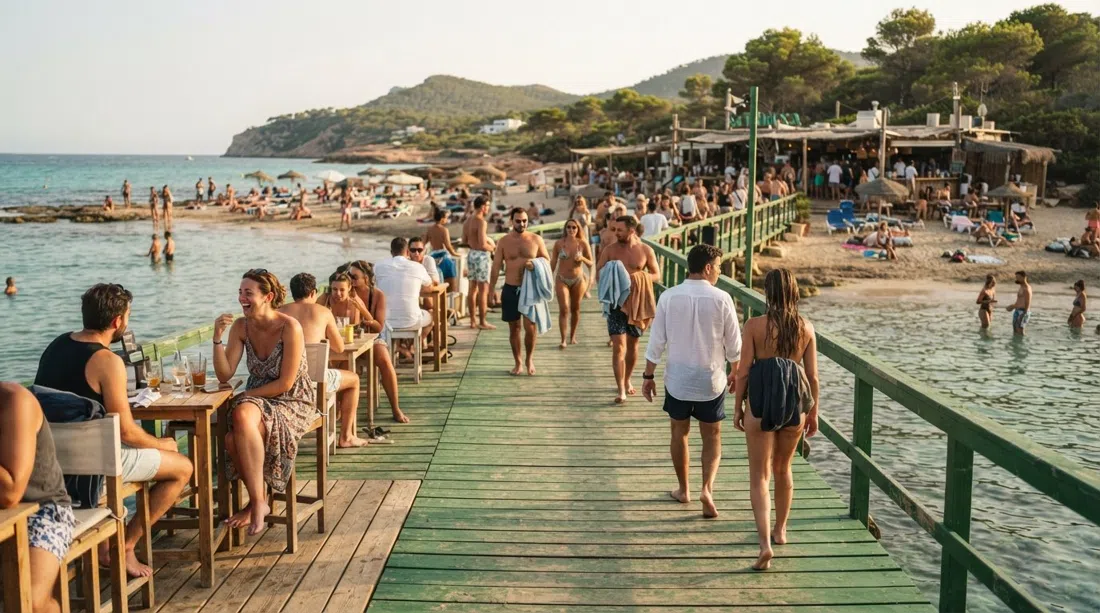 Pasarela de madera verde de Sa Trinxa sobre el agua en Salinas, luz de última hora de la tarde y ambiente relajado de chiringuito