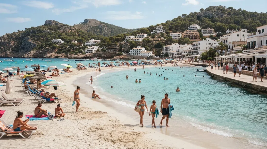S'Arenal Gros en Portinatx en una brillante tarde de verano, una amplia media luna de arena blanca con aguas turquesas poco profundas, hamacas y familias a lo largo del paseo marítimo
