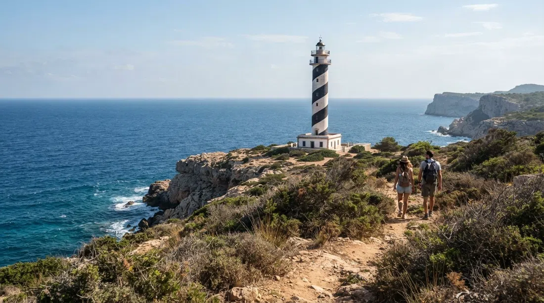 Faro de Punta des Moscarter en la costa norte de Ibiza, la alta torre de espiral negra elevándose sobre el matorral rocoso costero bajo la luz clara de la tarde