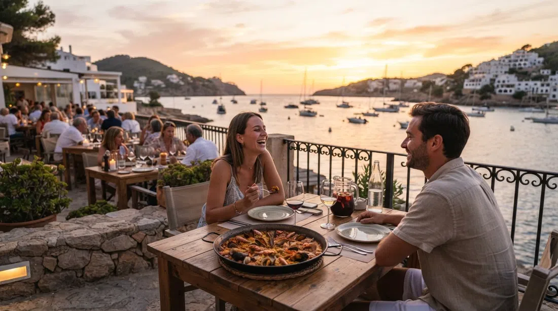 Terraza frente al mar de Jardín del Mar al atardecer en Portinatx, mesas preparadas para paella y sangría con vistas a la bahía mientras el cielo se vuelve dorado