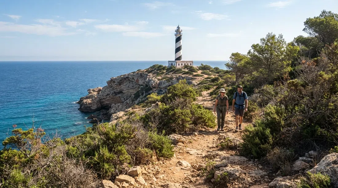 El sendero costero hacia el faro de Punta des Moscarter, terreno rocoso y matorral de pinos que lleva a la torre de espiral negra bajo la brillante luz matutina