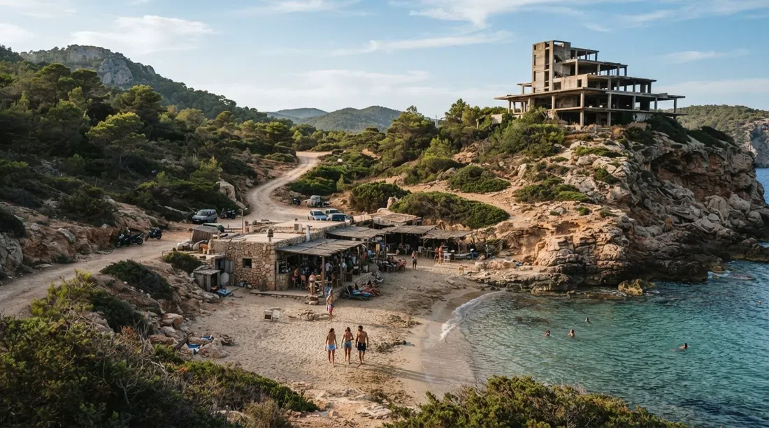 Cala d'en Serra en Ibiza, una bahía en herradura con una pista áspera, un pequeño chiringuito junto a la arena y el hotel Sert abandonado acechando en el promontorio