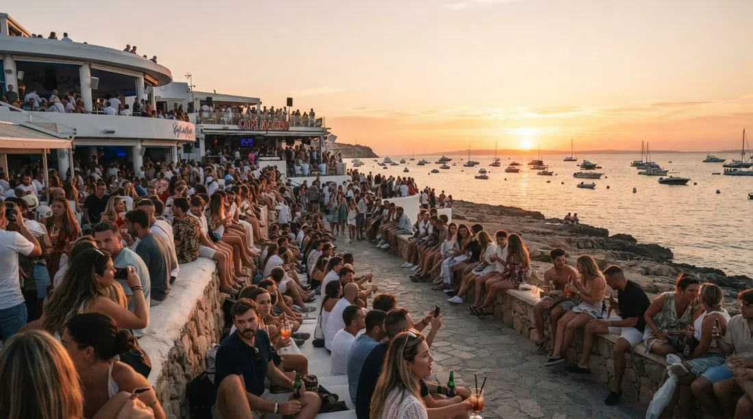 Café del Mar y Café Mambo en el Sunset Strip de San Antonio a la hora dorada, gente alineada en el muro frente a la bahía oeste