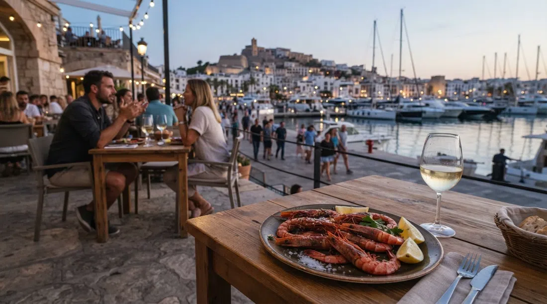 la terraza de Es Nàutic junto a la marina con vistas al agua, con un plato de gambas rojas de Ibiza y el puerto al atardecer