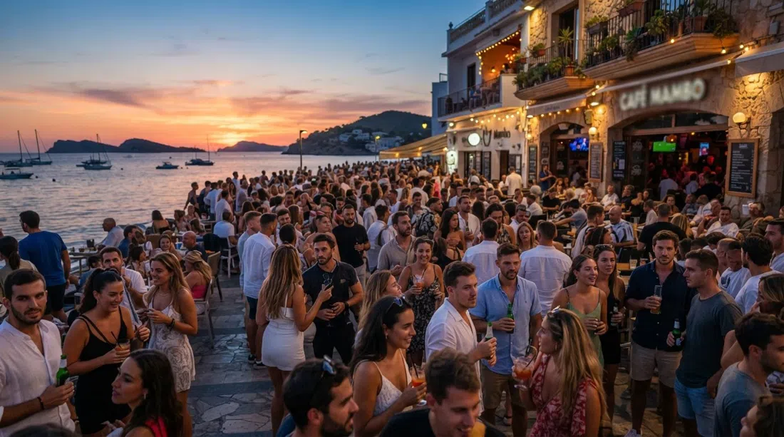 el Sunset Strip afuera de Café Mambo al atardecer, lleno de gente mirando la bahía mientras la sesión de DJ va subiendo