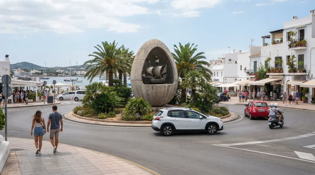 el Huevo de Colón en la entrada del pueblo a la luz del día, el huevo de hormigón de seis metros con la maqueta de la Santa María dentro y el tráfico alrededor