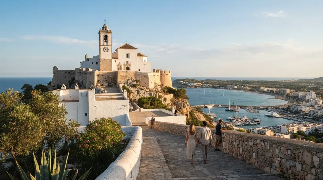 Puig de Missa en su colina de 52 metros sobre la bahía de Santa Eulària, murallas blancas de la iglesia y mirador en terrazas con vistas al puerto deportivo al atardecer