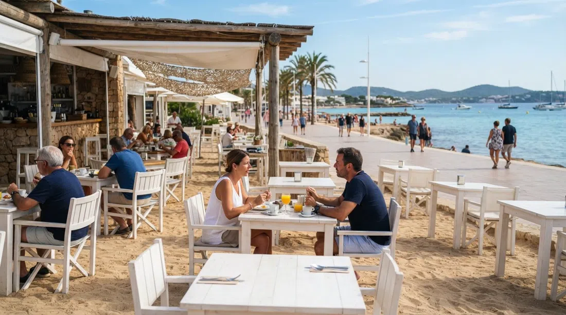 Chiringuito Blue en la playa de Santa Eulària, mesas blancas en la arena con el tranquilo paseo marítimo y el agua azul justo al lado a la hora del desayuno