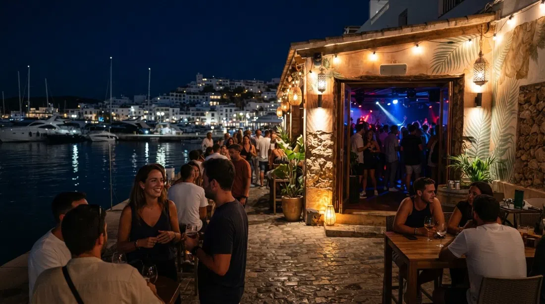 Guarana en el puerto deportivo de Santa Eulària de noche, luces de la terraza reflejadas en el agua y la entrada que insinúa la pista de baile interior