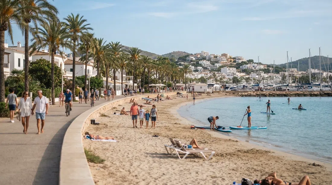 Playa de Santa Eulària junto al paseo marítimo bordeado de palmeras en una mañana tranquila, arena de pendiente suave y paddle surf cerca del puerto deportivo