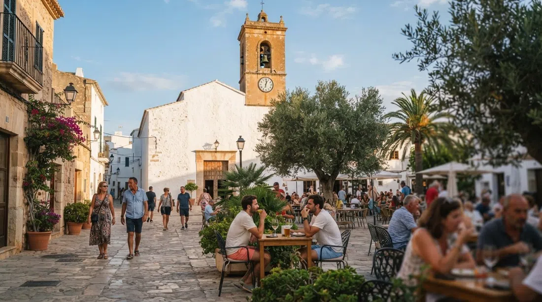 la iglesia encalada de Santa Gertrudis con su campanario ocre elevándose sobre la plaza peatonal a la luz del atardecer