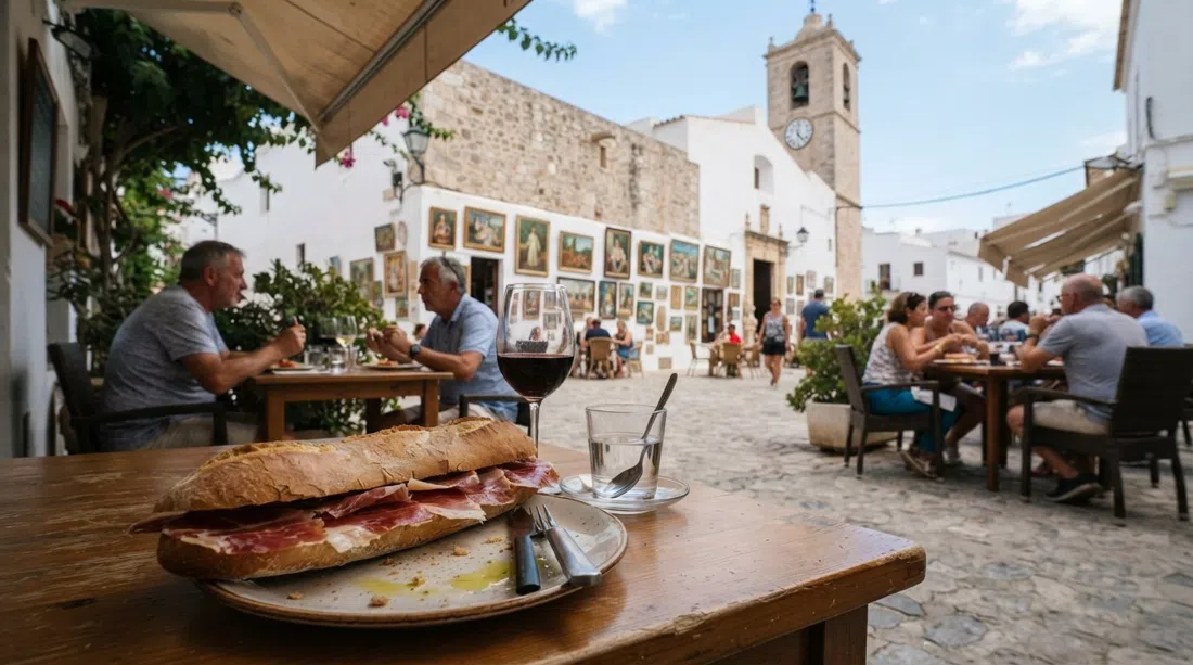 un bocadillo de jamón curado en la terraza del Bar Costa, con la plaza de la iglesia y su pared de cuadros detrás a la hora del almuerzo