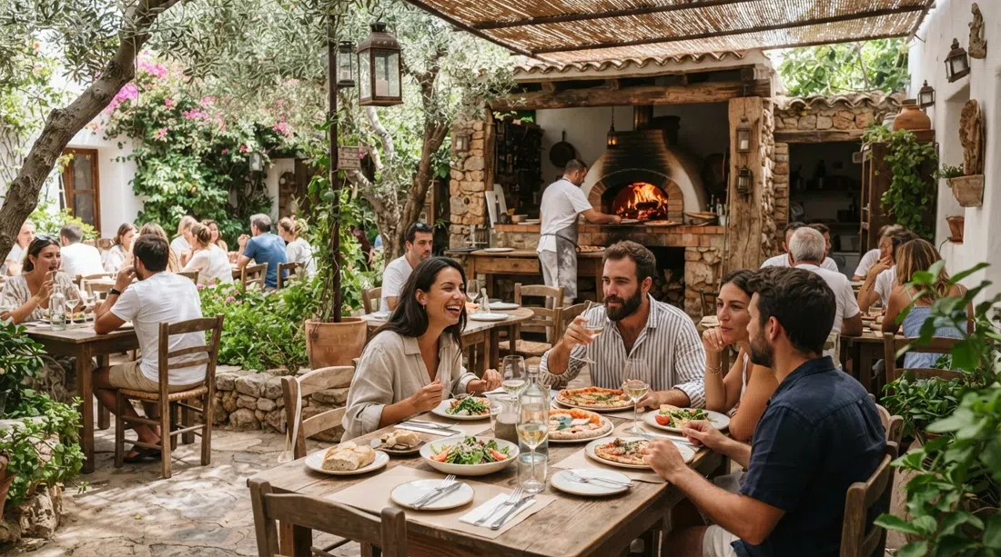 la terraza jardín sombreada del Macao Café en Santa Gertrudis, con el horno de leña visible entre los árboles y mesas dispuestas para una comida tranquila