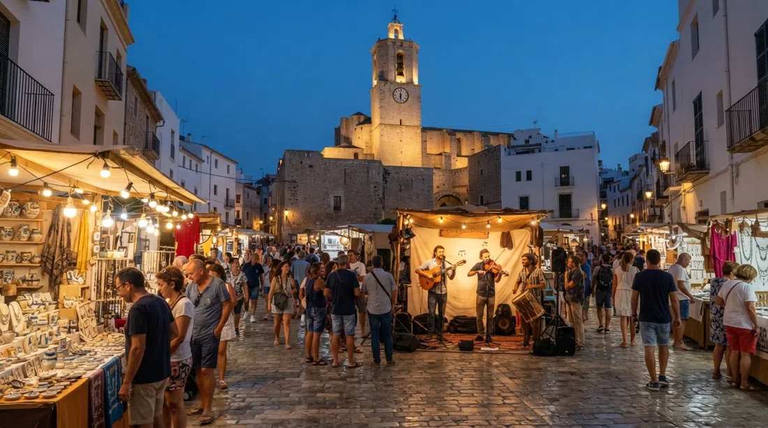 el mercado artesanal de los viernes en la plaza al atardecer, puestos de artesanía brillando bajo luces cálidas con la torre de la iglesia al fondo y gente reunida para música folclórica en directo