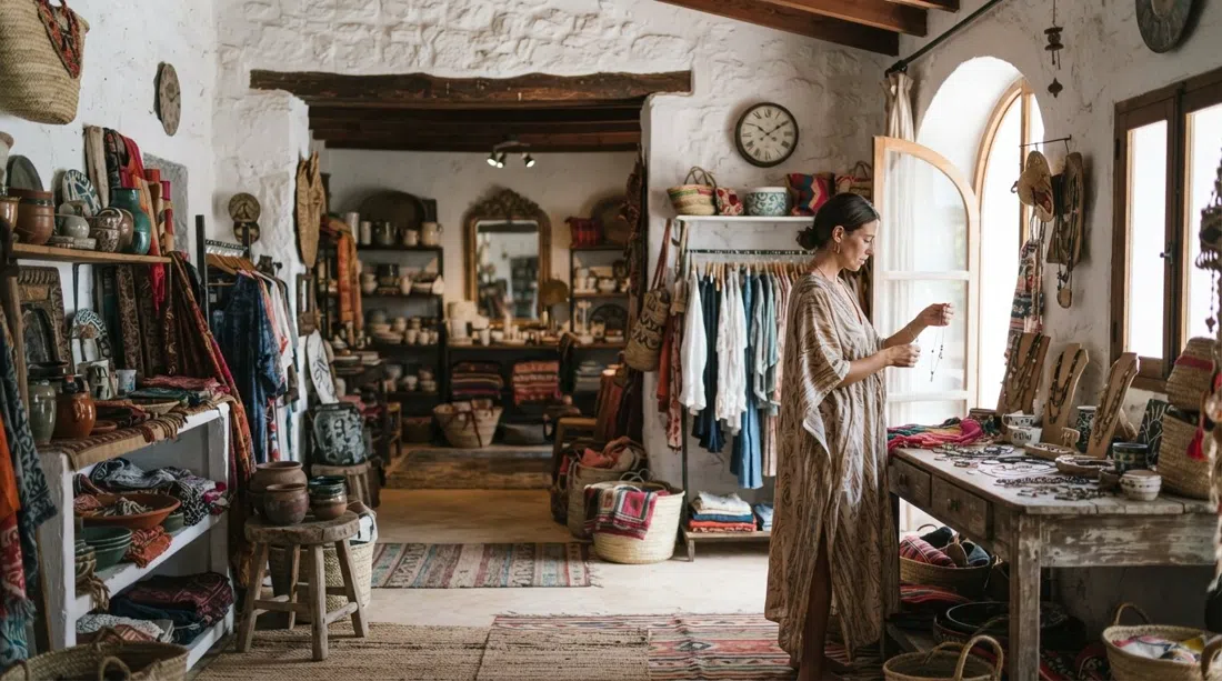 interior de La Galeria Elefante en la antigua granja en las afueras del pueblo, salas superpuestas de artesanía global, moda y decoración con luz natural y exhibiciones texturizadas