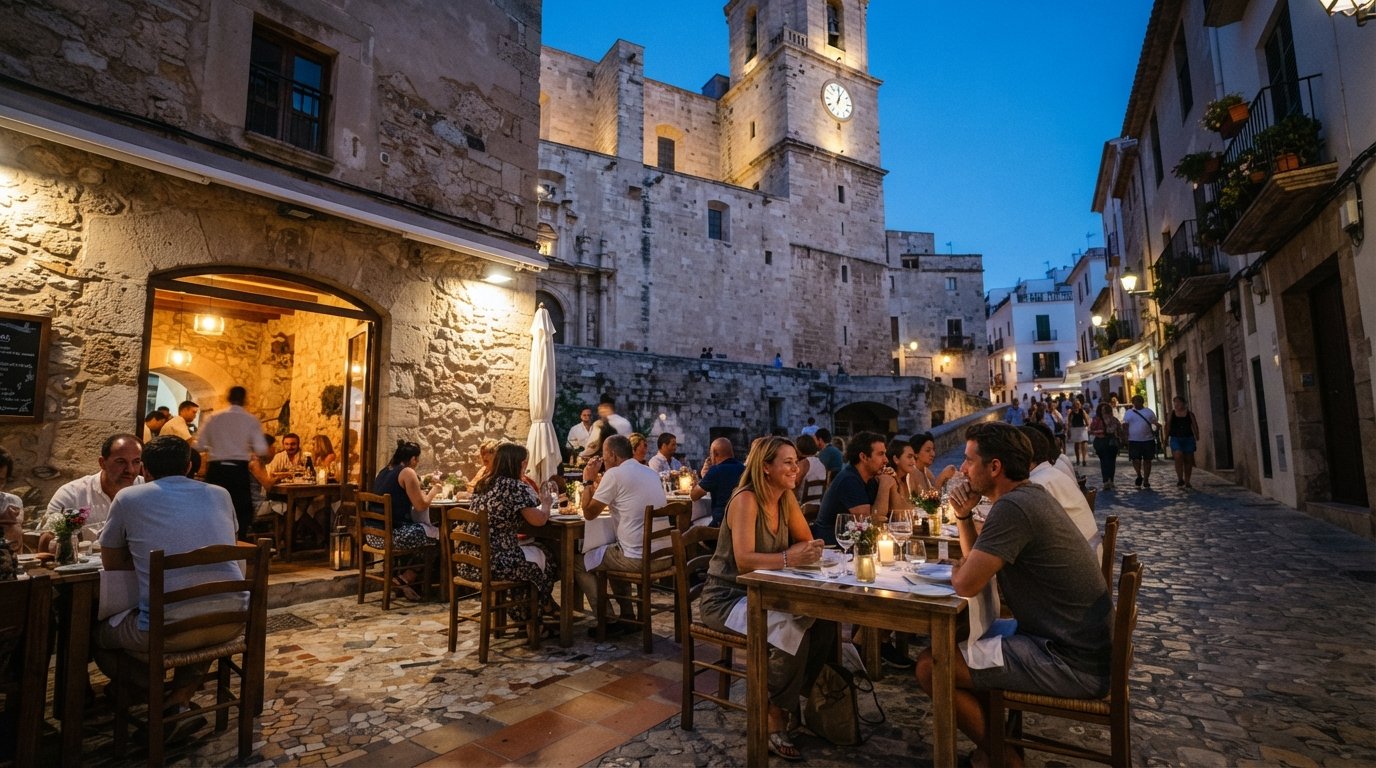 La Oliva on Carrer de la Santa Creu, its tiled-floor dining room and terrace under the cathedral set for dinner at dusk