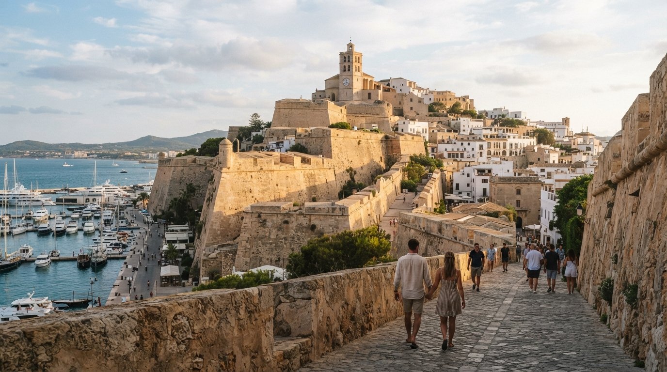 the Dalt Vila ramparts climbing toward Catedral de Santa María at late afternoon, warm stone glowing above the port and marina