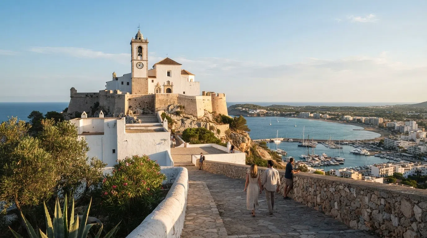 Puig de Missa on its 52-metre hill above Santa Eulària bay, white church walls and terraced viewpoint looking over the marina in late afternoon light