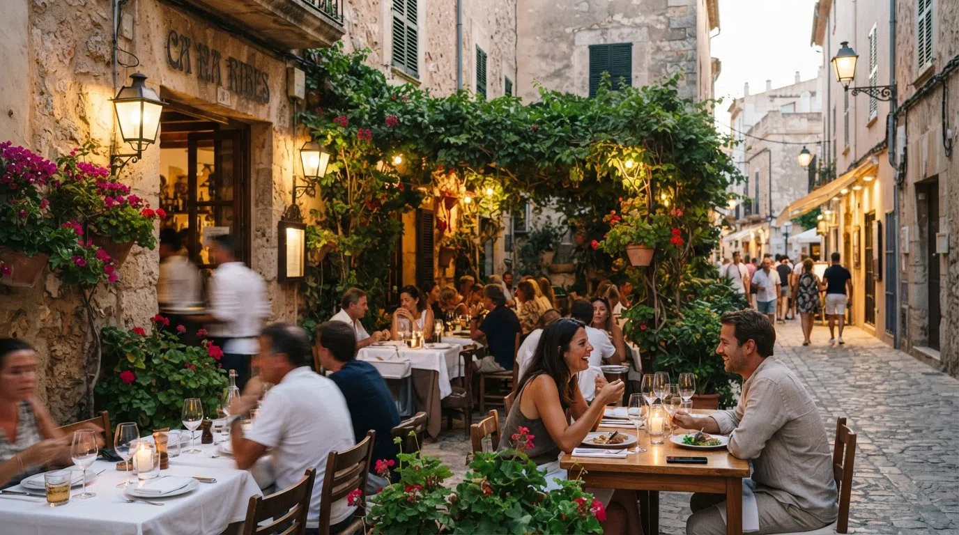 Ca Na Ribes on Carrer de Sant Vicent, terrace tables under soft evening light with a plant-lined patio and warm old-town stonework